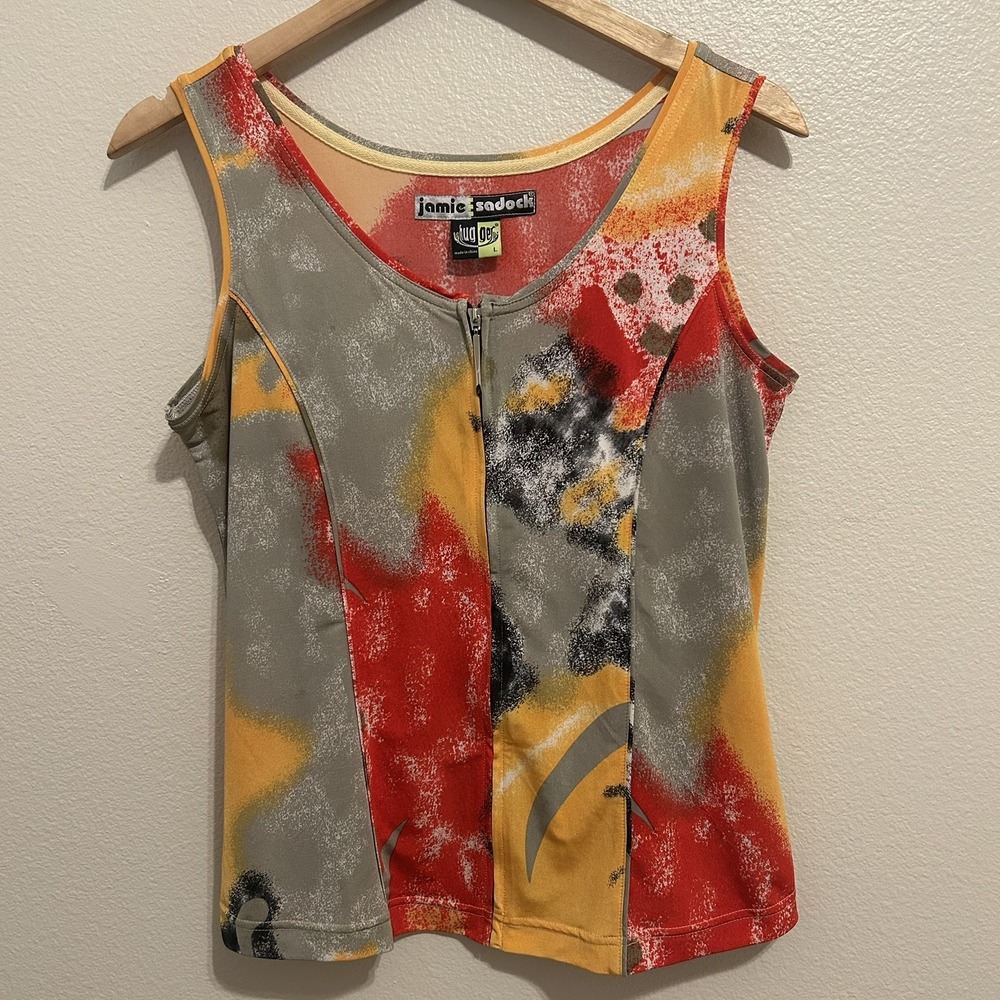 Jamie Sadock Womens Golf Tank Top Size Large Red Yellow Gray Zipper Sleeveless